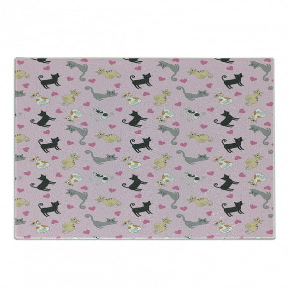 Kitty Cutting Board, Cats in Different Colors and Patterns Among Pink Hearts Resting Happy Stretching, Decorative Tempered Glass Cutting and Serving Board, Small Size, Multicolor, by Ambesonne