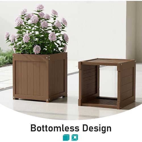 HDPE 2-in-1 Outdoor Bench with Flower Boxes, Open-Bottom Planter, Garden Patio Seating, 71 in W, Brown