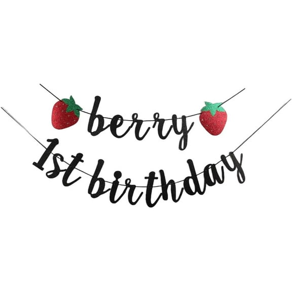 Berry 1st Birthday Banner, Strawberry Theme Party Sign, Baby Shower/Gender Reveal Party Bunting, Baby Kids First Birthday Party Decorations Supplies - Black