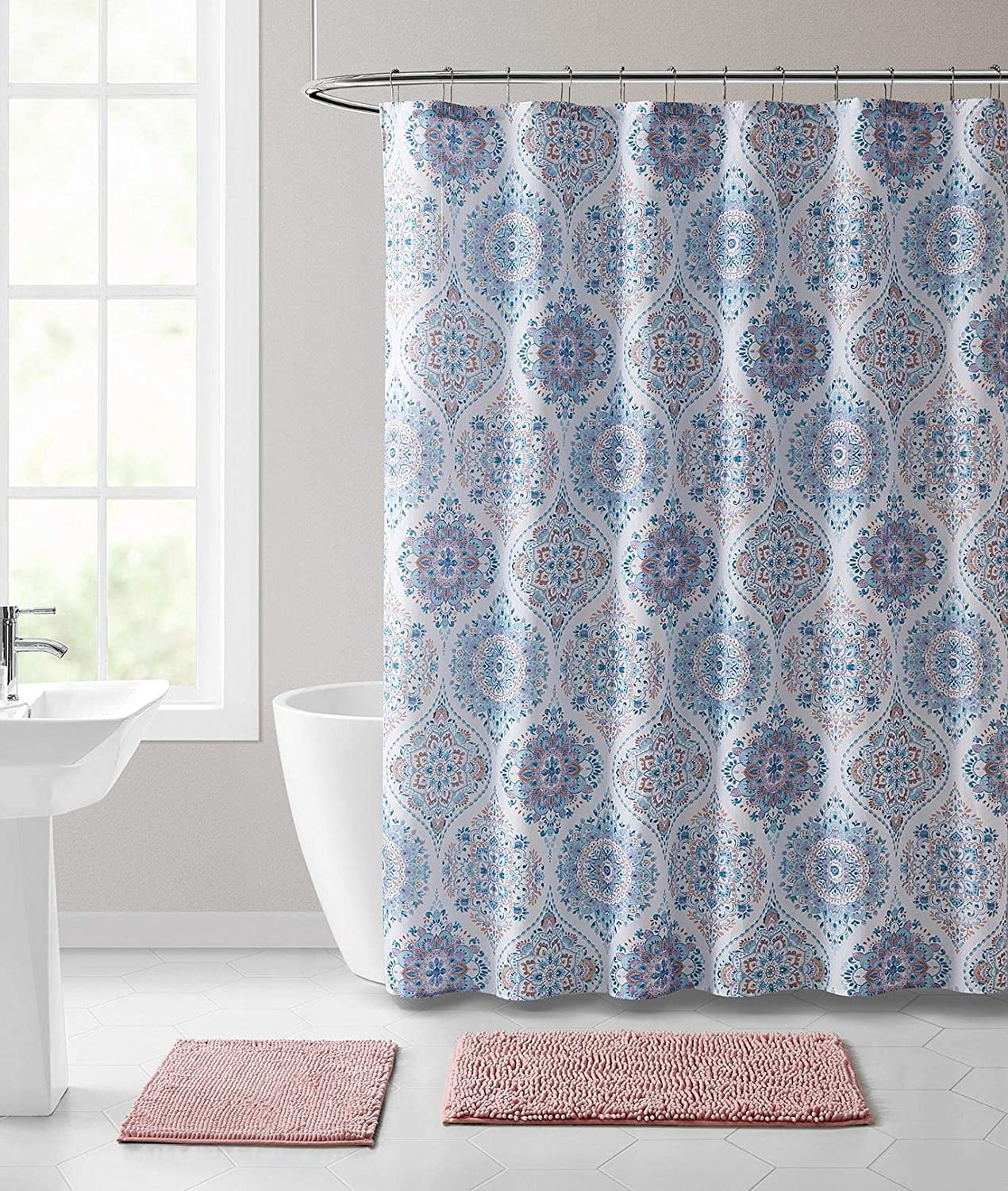 Floral Paisley Artistic Design Teal White VCNY Decorative Fabric Shower Curtain 