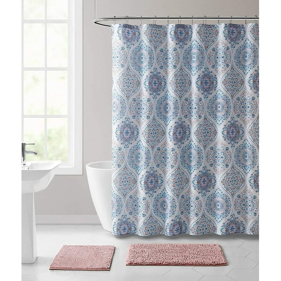 Serafina Home Floral Damask Fabric Shower Curtain: Elegant Moroccan Teal Blue Purple Orange on White, New Without Packaging