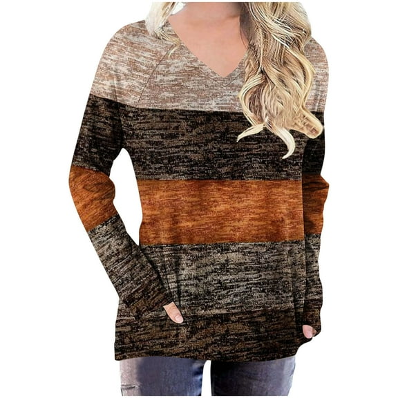 Makaor T Shirts for Women Loose Plus Size V Neck Tops Graphic Long Sleeve Pullover Tees Cute Vacation Clothes