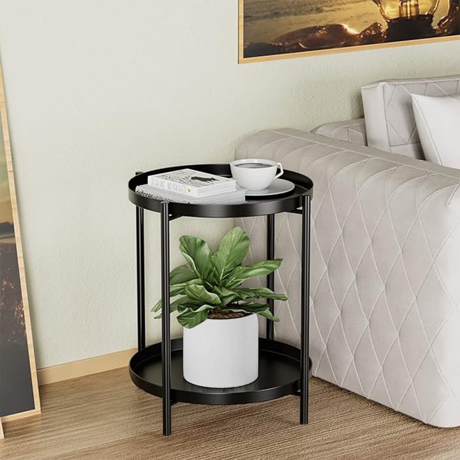 Cerbior 2-Tier Metal Tray End Table, Round Accent Coffee Side Table, Anti-Rust and Waterproof Sofa Side Table for Living Room Bedroom Balcony (Black)