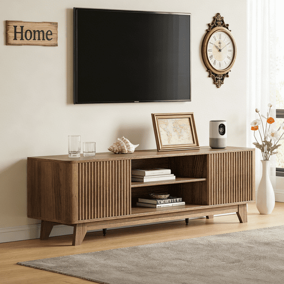 Ktaxon Modern TV Stand for 55/60/65 Inches TVs, 58" Television Media Console Wood Entertainment Center with 2 Fluted Doors & Adjustable Shelves for Living Room, Bedroom, Home, Walnut