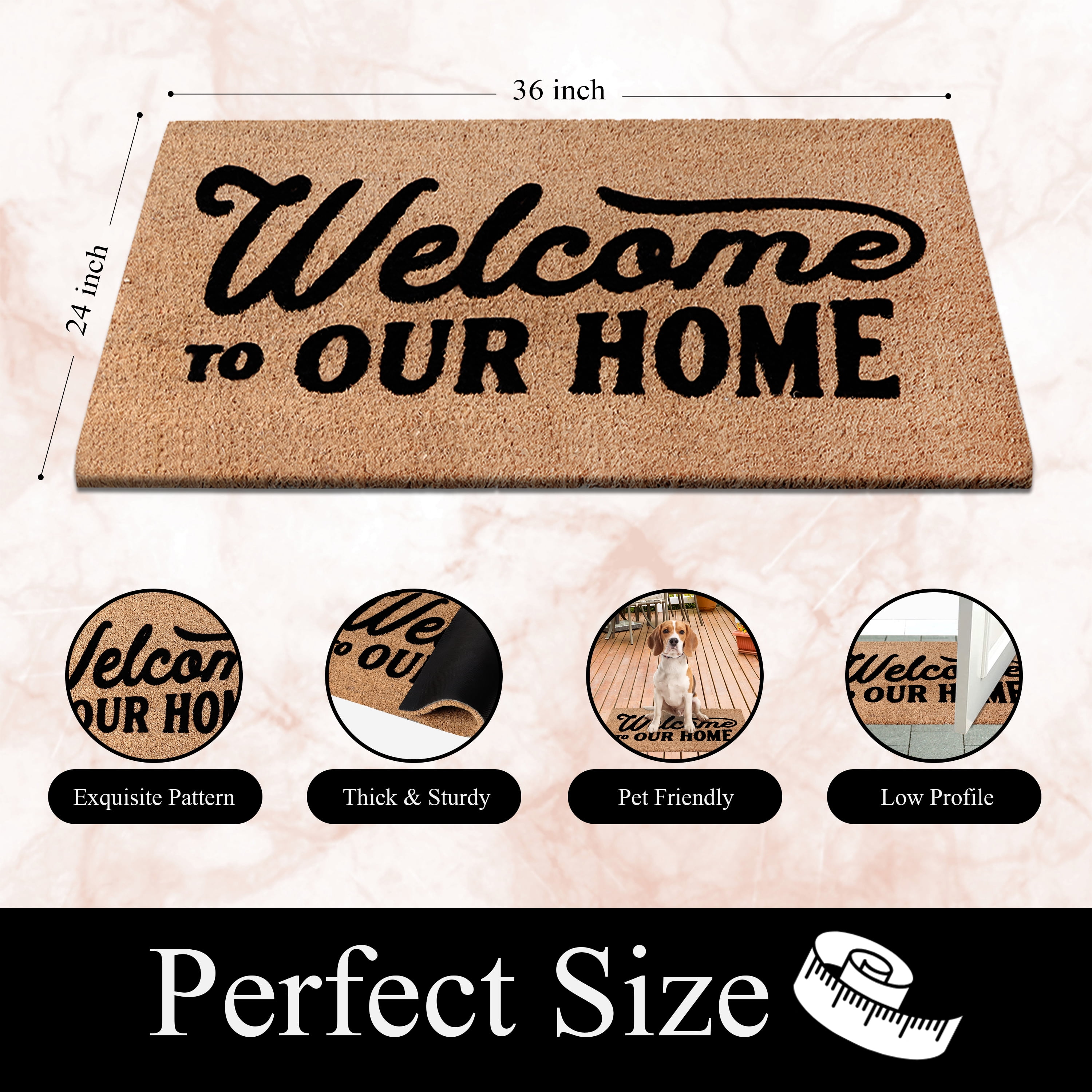 A1HC Natural Coir Flocked Doormat, Welcome Home Black , 24"x36", Durable Outdoor Mat, Non-Slip, Pet Friendly, Fade Resistant