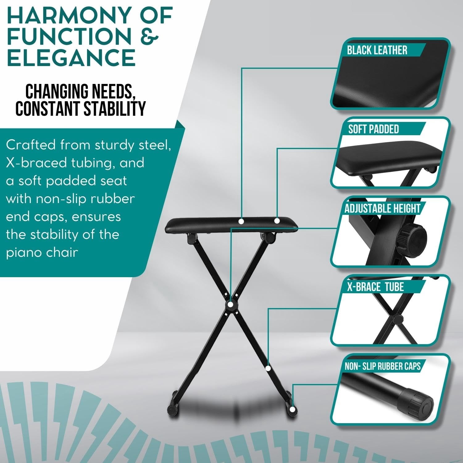Foldable Piano Bench - Adjustable Keyboard Seat & Musician Stool Anti-slip Chair Durable Comfortable Padded Folding Stoo