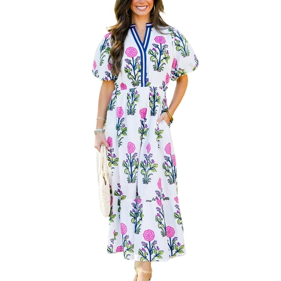 Women's Elegant White Floral Puff Short Sleeve V Neck High Waist Maxi Dress with Pockets | [ZhiHiMeRi] | (US 12-14)L
