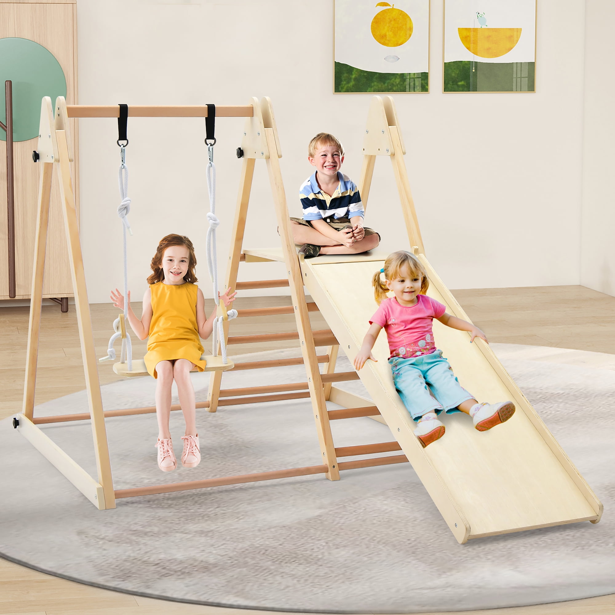 Gymax 5-in-1 Kids Indoor Playground w/ Slide Climbing Rock Adjustable Swing Wooden