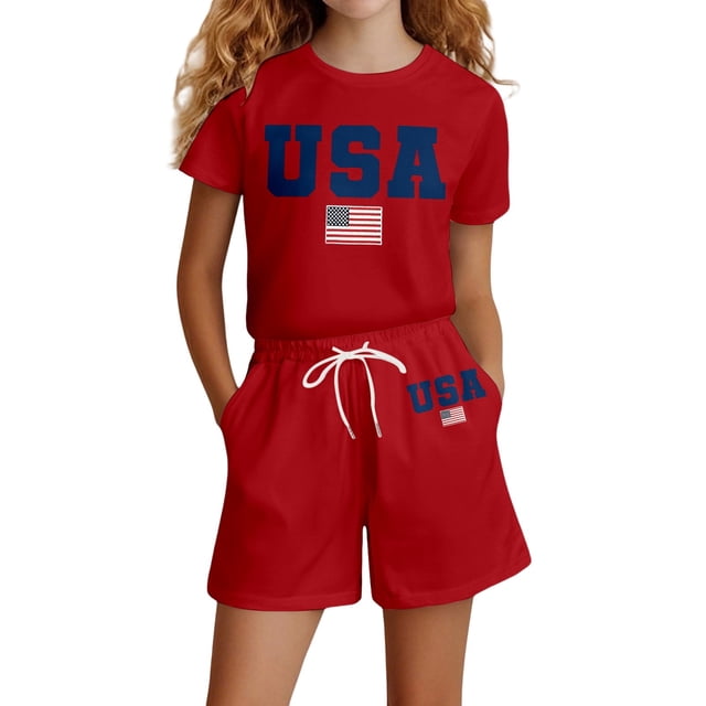 SGMVNU Girls Two Piece Summer Outfits Casual Short Sleeve Graphic Tee Matching Drawstring Shorts Set Tracksuits(Size 3-4 Years, Red)