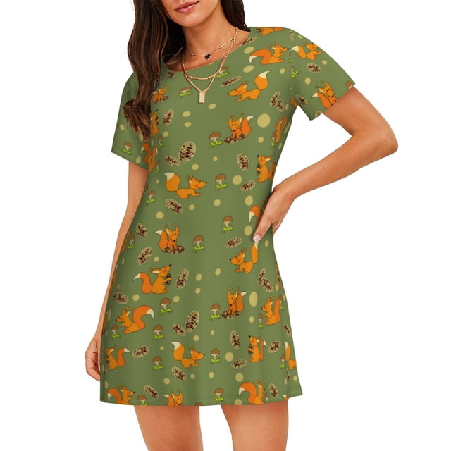 Fotbe Squirrel And Nuts Bata de Dormir para Mujer con Estampado, Camisón de Algodón de Manga Corta, Ropa de Dormir Casual