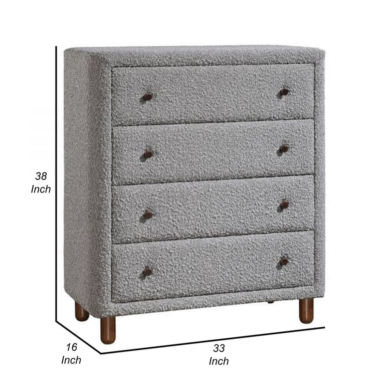 Lyno 38 Inch Tall Dresser Chest, 4 Drawers, Gray Boucle Upholstery, Brown Lyno 38 Inch Tall Dresser Chest, 4 Drawers, Gray Boucle Upholstery, Brown