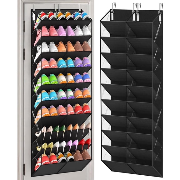 Over The Door Shoe Organizer, 10 Tier Hanging Shoe Rack with Clear Pockets Holds 20-30 Pairs, Black