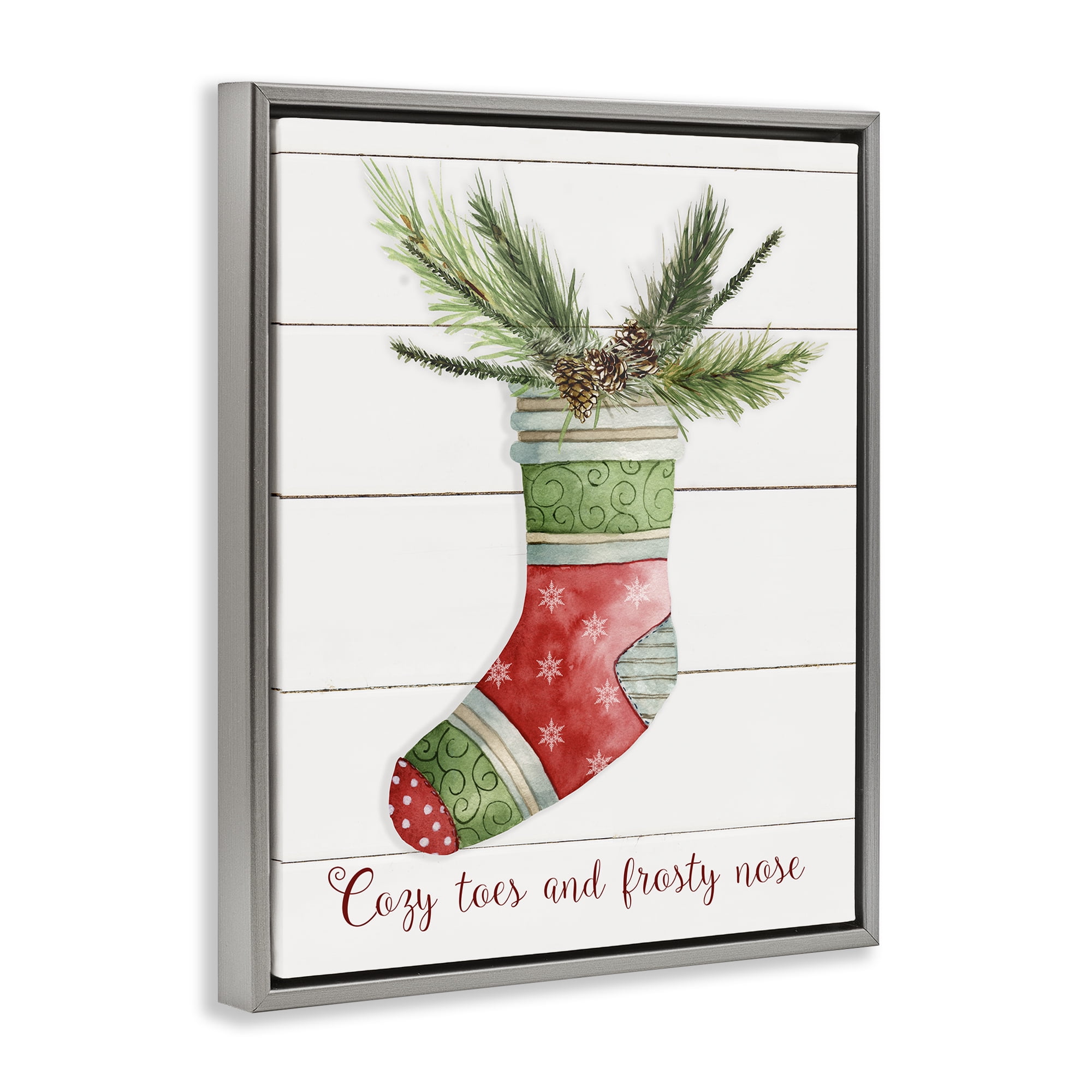 Stupell Industries Cozy Toes & Frosty Nose Holiday Painting Gray Floater Framed Canvas Art Prints Wall Art, 25 x 31