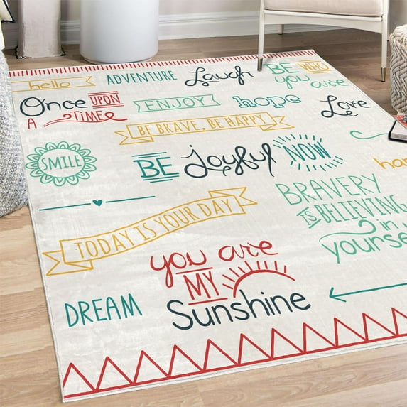 Adventure Decorative Rug, Various Words on Happiness and Self Value Uplifting Phrases Being Who You Are, Quality Carpet for Bedroom Dorm and Living Room, 6 Sizes, Marigold Teal, by Ambesonne