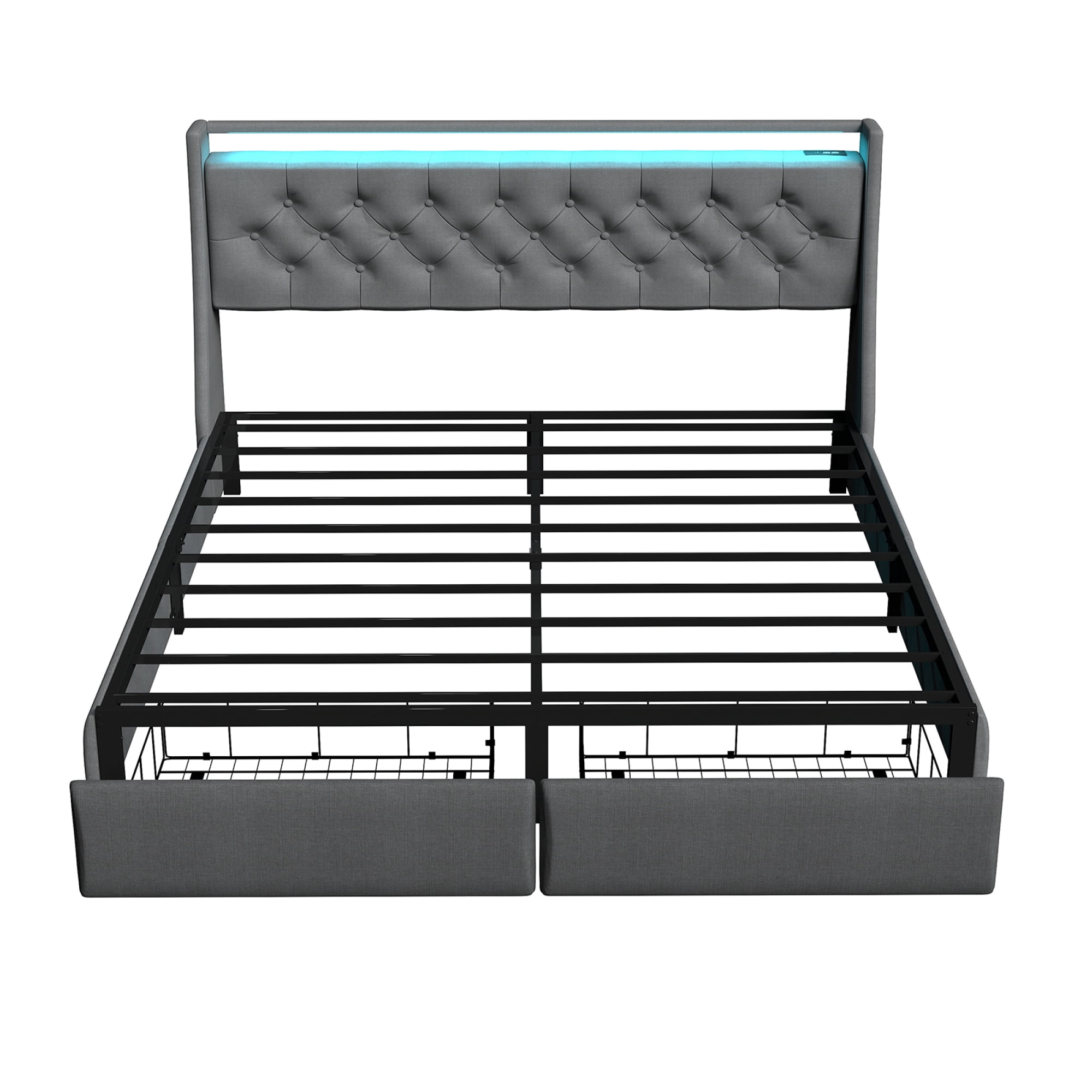 Leumius Queen Size Bed Frame with 2 Storage Drawers & Headboard Shelf, RGB LED Light & AC+USB+Type-C Charging Station for Teen and Adult Grey