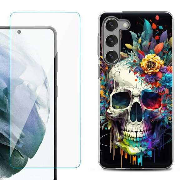 OneToughShield ® for Samsung Galaxy S23 5G Shockproof Fashion Phone Case, with Tempered Glass Screen Protector - Skull Flower