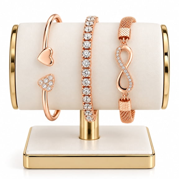 Rose Gold Bracelet Set for Women, Heart, Crystal Tennis & Infinity Charm Stackable Bracelets