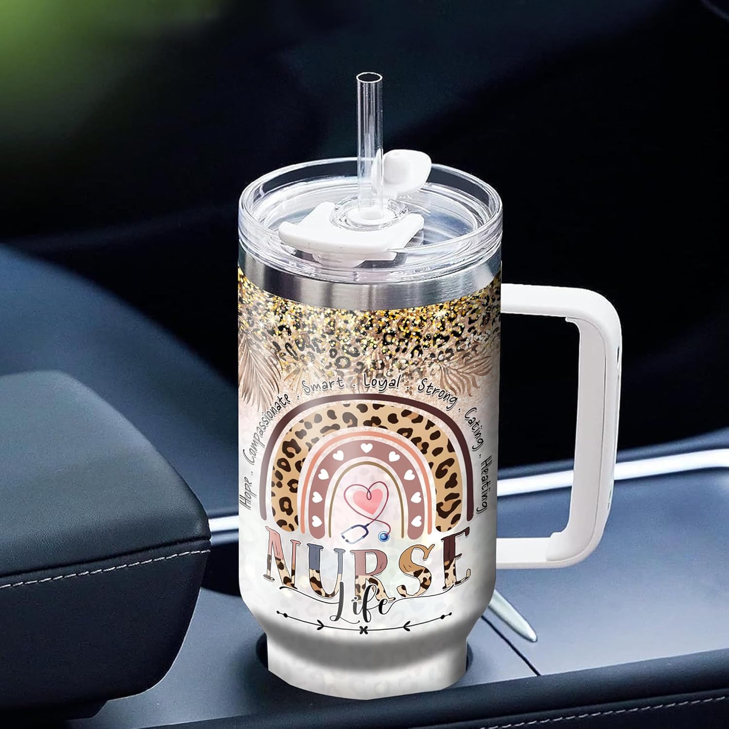 Personalized Nurse Life Cheetah Rainbow Leopard Cup With Lid 40oz Stainless Steel Tumblers Birthday Christmas Medical Healthcare Appreciation Gift Idea For Women Nurses Nursing School