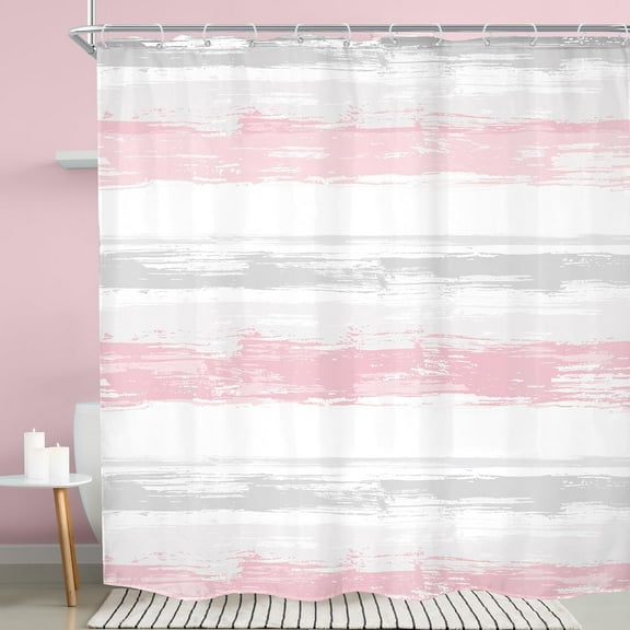 Abstract Striped Shower Curtain Modern Aesthetic Minimalist Geometric Simple Neutral Watercolor Painting Fabric Waterproof Polyester 12 Pack Hooks Pink Grey 72Wx84H Inches Bathroom Decor