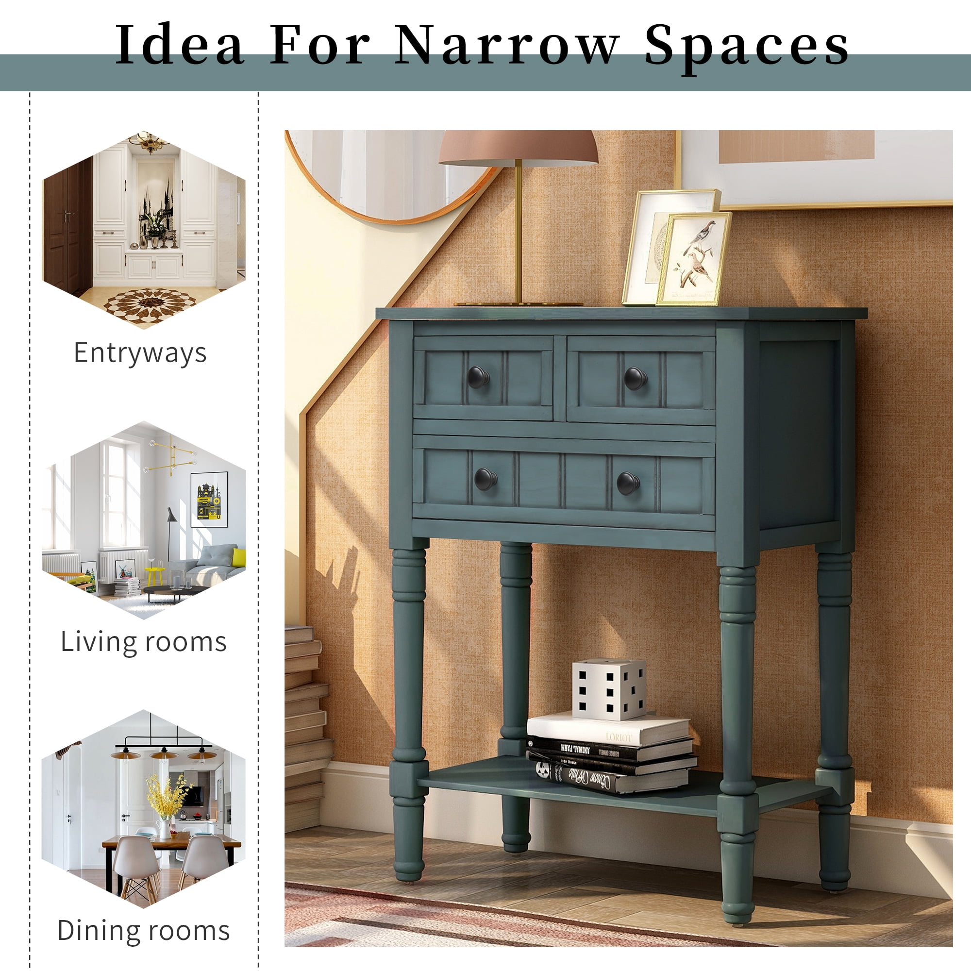 EUROCO Console Table, Slim Sofa Table with Three Storage Drawers and Bottom Shelf for Living Room, Easy Assembly