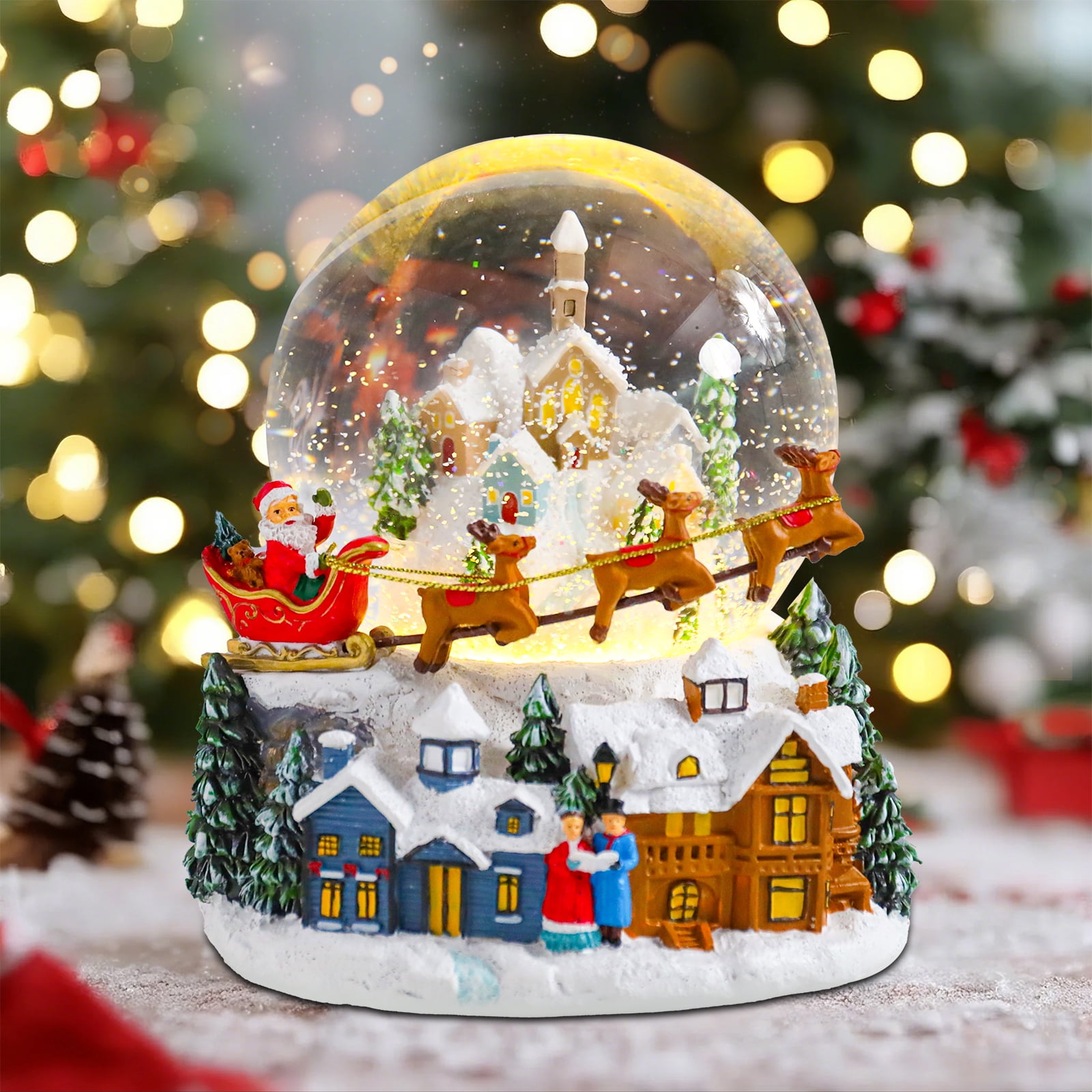 Musical Christmas Snow Globe Lantern – Lighted Santa & Reindeer Scene With Glitter, 8 Songs, Battery Powered