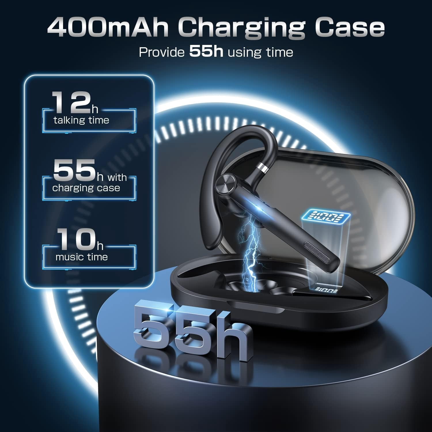 Wireless Bluetooth Earpiece 55H Talk Time, Hands Free Headset with ENC Noise Canceling Mic, Smart Digital Display Charging Case, Single Ear Headset for Driving Work Cell Phone