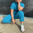 thumbnail image 4 of Riforla Women Solid Short Sleeve Shirt Zipper Elastic Waist Jumpsuit Straight Trousers Pocket Jumpsuits Womens Jumpsuits Blue XL, 4 of 6
