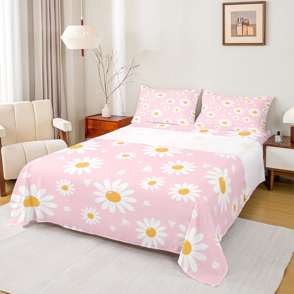 Homewish Girly Pink Cartoon Twin Sheet Sets, Groovy Daisy Floral Twin Fitted Sheet, Teens Kids Girls Flat Sheet, Lightweight Room Decor, 3pcs