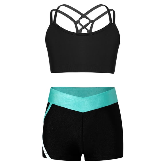 Sinleey Kids Girls Dance Crop Top with Booty Shorts Tracksuit Set 2 Piece Gymnastics Yoga Swimming B Blue Green 12