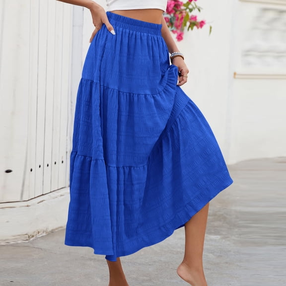 MGDXOX Women's High Elastic Waist Tiered Ruffle Midi Skirt Flowy A-Line Casual Skirt With Side Pockets Comfortable Loose Fit For All Seasons Blue XL