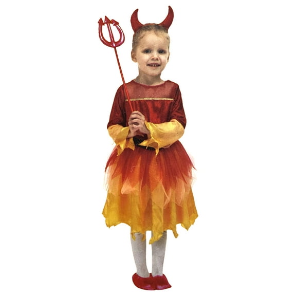 Girls Flame Devil Dress With Headband & Pitchfork Halloween Costume Small (4-6)