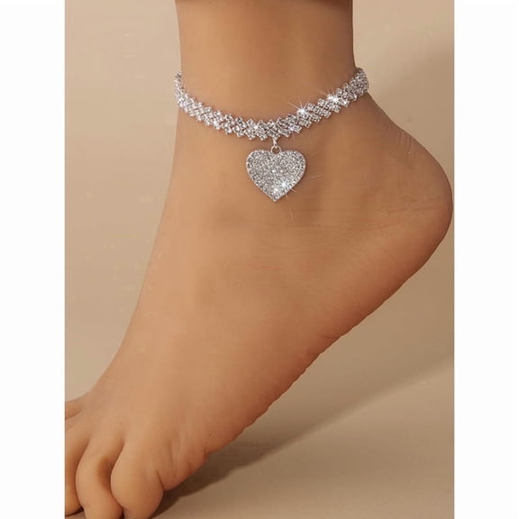 Silver Heart Anklets for Women, Shinny Rhinestone, No Tarnish Anklet, Valentine's Day, Beach Jewelry, Silver Anklet for Women