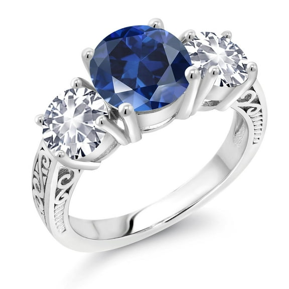Gem Stone King 4.50 Cttw Blue Created Sapphire and White Created Sapphire 3-Stone Ring for Women | 925 Sterling Silver | Round 8MM and 6MM | Wedding Engagement Anniversary Promise Ring | Size 7