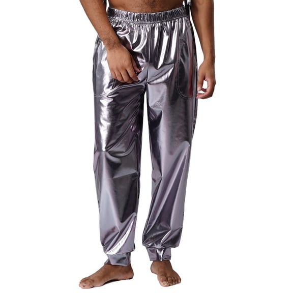 Sxiwei Mens Shiny Metallic Jogger Pants Holographic Rave Disco Dance Harem Pants Boho Arab Trousers Grey XL