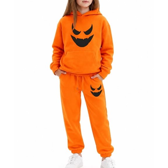Bysome Girls Outfit Set Graphic Print Long Sleeve Hooded Tees With Pants Outfit Halloween Loose Fit Girls Set Size 2-3 Years Orange