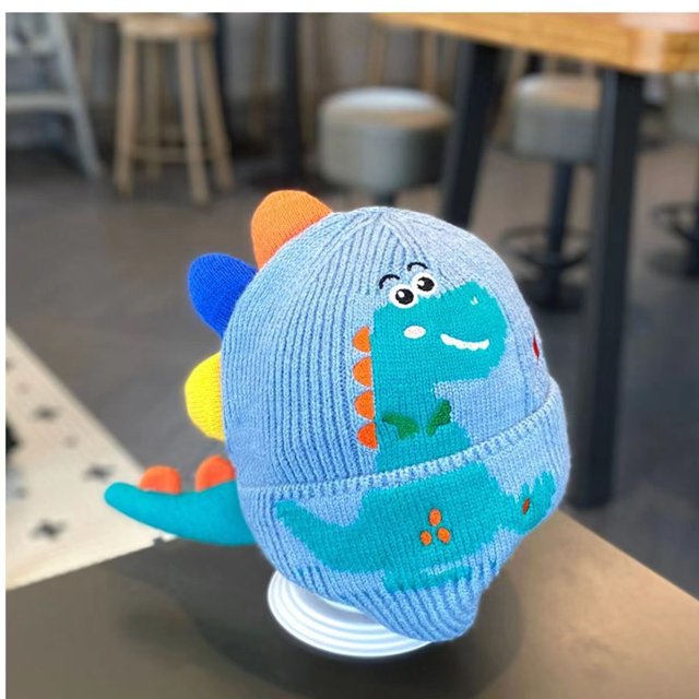 Gorro para niños, otoño e invierno, lindo y súper lindo gorro de lana de punto con dinosaurio para niños y niñas, protección para los oídos a prueba de viento, gorro grueso y cálido