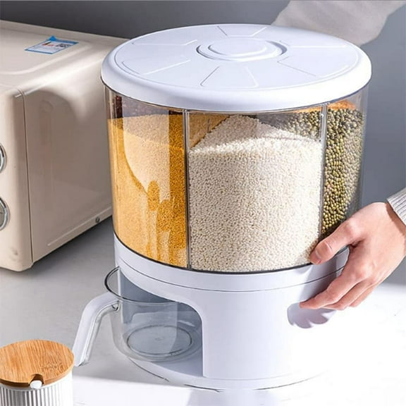 DENEST 6 Grid Rice Dispenser 360° Rotating Large Sealed Grain Container Storage 24 lbs