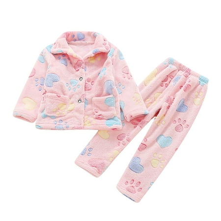 

Toddler Kids Baby Boys and Girls Autumn and Winter Fleece Sleepwear Outfits Cute Cartoon Print Flannel Lapel Button Top Pants Pajamas Children s Casual Warm Home Wear