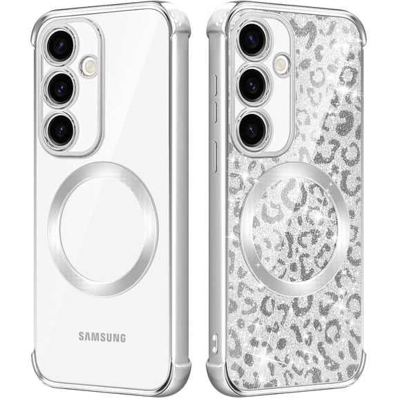 for Samsung Galaxy S24 Plus Case Magnetic [Compatible with Magsafe] Soft Plating TPU Silver Leopard Glitter Phone Case Cover for Galaxy S24  Protective Shockproof for Women Girls