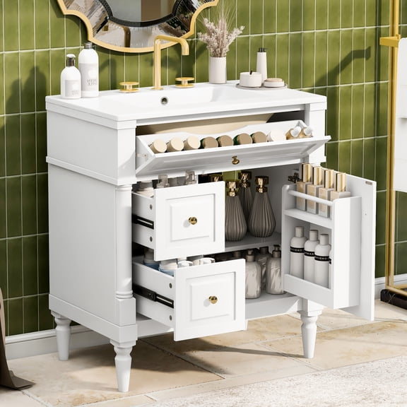 30" Bathroom Vanity with Sink, White Freestanding Bathroom Cabinet with Flip Drawer & Adjustable Shelf, Solid Rubberwood Frame, MDF Panels & Metal Handles
