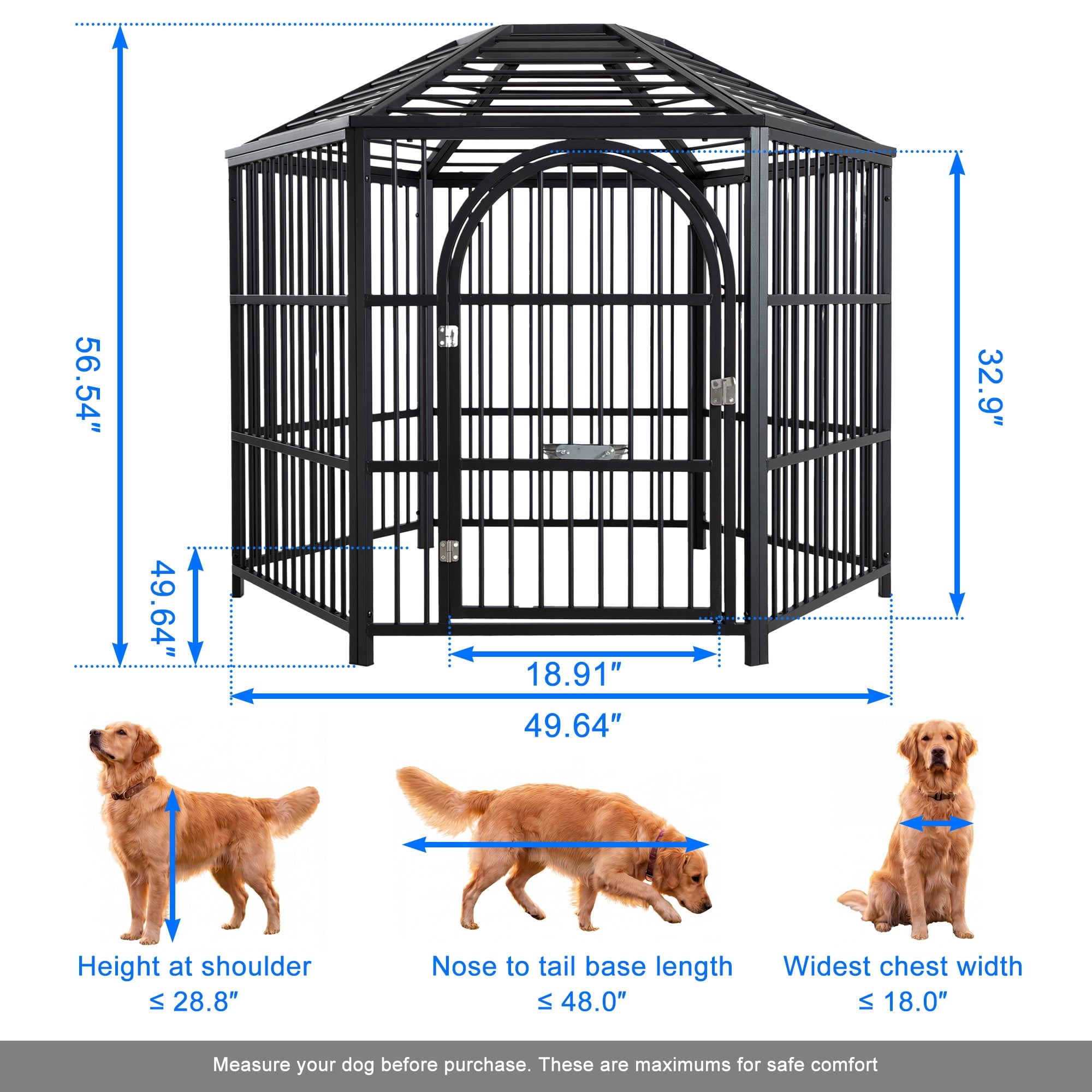 Okeysen 50 inch Hexagon Outdoor Large Dog Kennel with All-Weather Cover, Heavy-Duty Steel Frame, 5 Ground Anchors & Adjustable Bowl Stand