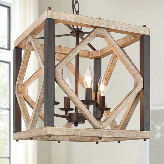 LNC Farmhouse 4-Light Square Wood Chandelier with Rustic Bronze Metal,Kitchen Island Light