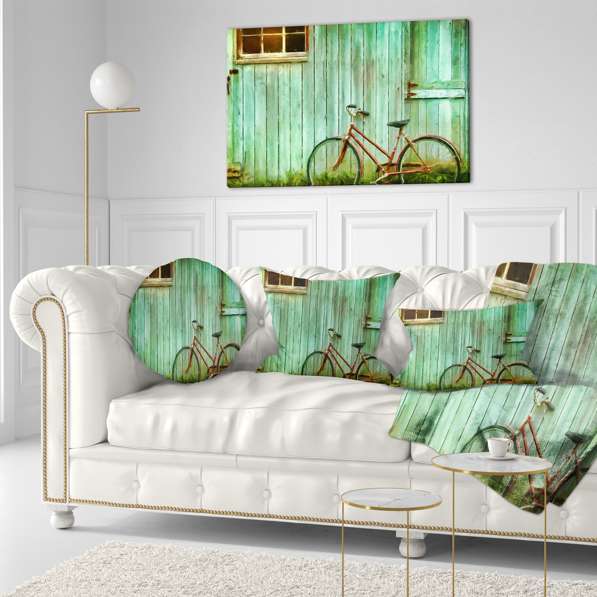 Designart Old Bicycle against Barn - Landscape Photo Throw Pillow - 12x20