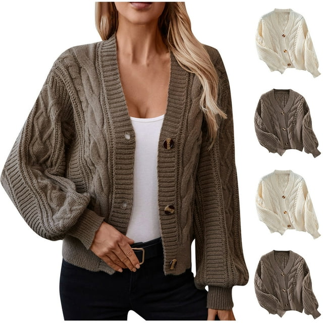 Frostluinai Fall Sweaters for Women Long Sleeve Drop Shoulder Oversized Crop Knit Cardigans Solid Button V Neck Cable Knit Sweaters
