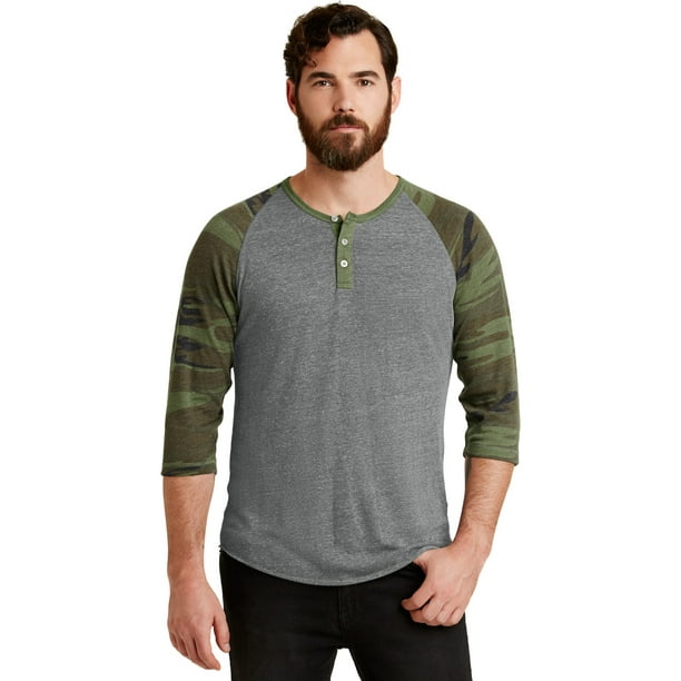 Camiseta estampada Alternative para hombre, 3/4 raglán, eco Grey/camo, XS Ropa alternativa 01989EA-EGCAM-XS
