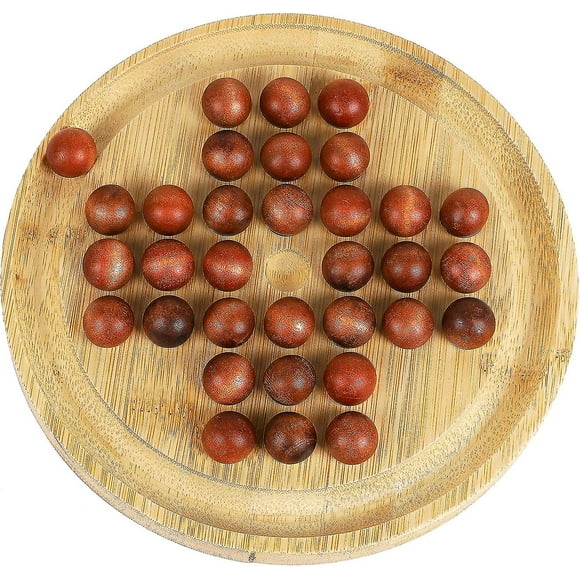 Wooden Solitaire Game Puzzle Toy - Classic Marble Mind Game Board Game - 21cm (8.3") Round Board With Wooden Marbles - Single Player Puzzle Game - Bra
