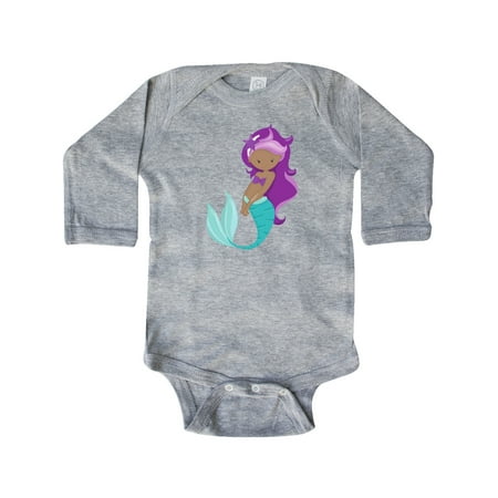 

Inktastic African American Mermaid Purple Hair Sea Star Gift Baby Girl Long Sleeve Bodysuit