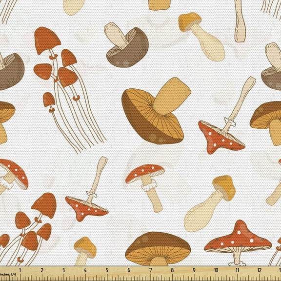 Ambesonne Mushroom Fabric by the Yard Upholstery, Rural Nature Elements Art, 10 Yards, Vermilion Pale Orange
