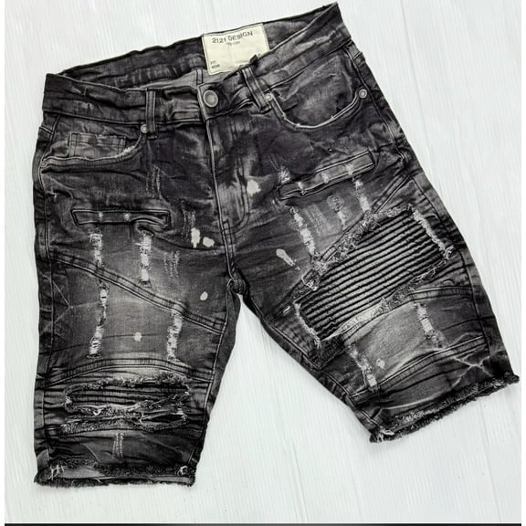 Men’s Charcoal Gray Distressed Denim Shorts with Moto Patch – 2121 DESIGN NYC