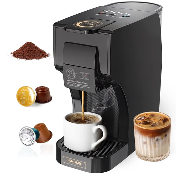 Cafetera Cápsulas 3 en 1, SANGKEE, 20 Bar Frío/Caliente, Café Molido, Negra, 1350W, Depósito 1L, ESC1